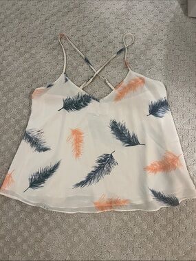Forever 21 White Cami Tank with Navy and Coral Feather Print